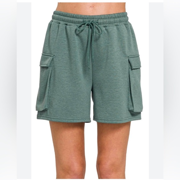 ZENANA• SCUBA THIGH POCKET CARGO SHORTS•Ash Jade• Style ROP-4080Y - Picture 1 of 5